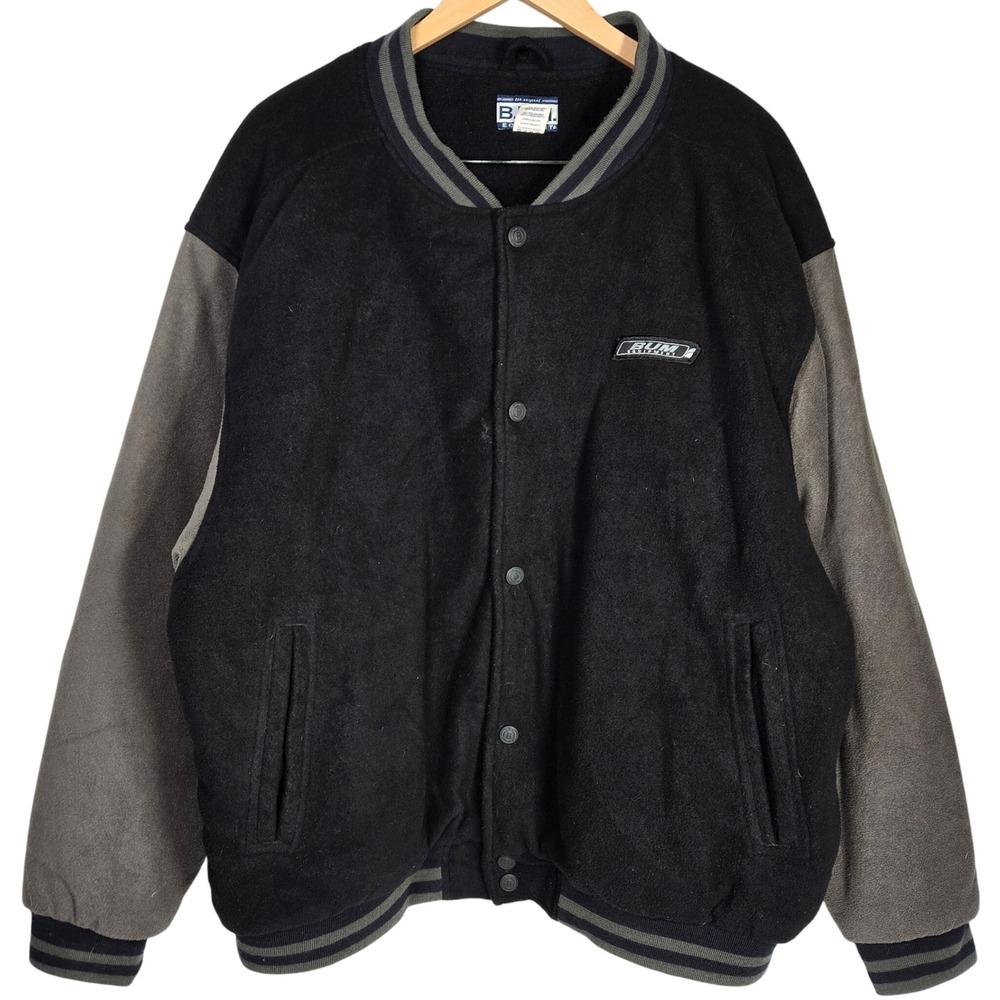 BUM EQUIPMENT Vintage‎ Varsity Jacket Black Gray Wool Blend Full Zip Size XL